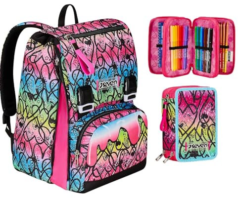 Seven Zaino Doppio Scomparto Estensibile JumpLove, Rosa, Maxi Capienza + Astuccio 3 Scomparti Rosa, Bambina e Ragazza