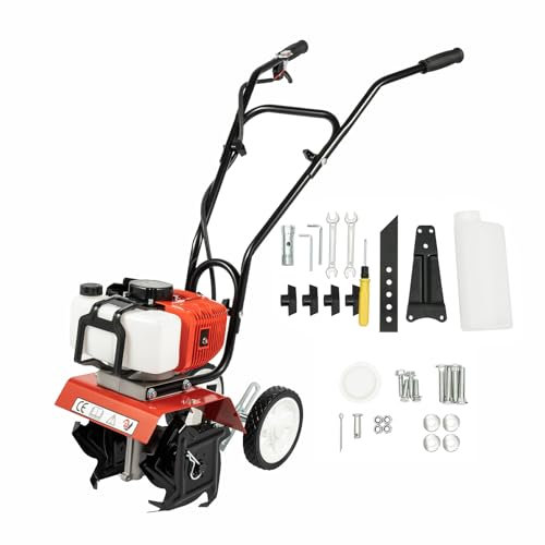 Levkitch 52CC Garden Petrol Tiller Engine 2 Strokes Petrol Cultivator Rotavator Cordless Garden Tiller 4 Steel Blades 35cm Working Width 10cm Lawn Soil Digging Weed Removal Adjustable Height Wheels