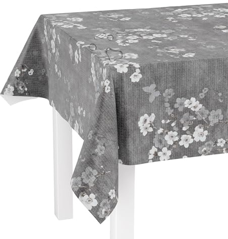 LILENO HOME Tischdecke abwaschbar als Meterware 180x140cm (Schnittkante) in Kirschblüte grau Elegance Motiv - Wachstuchtischdecke wasserabweisend ideal als Tischtuch