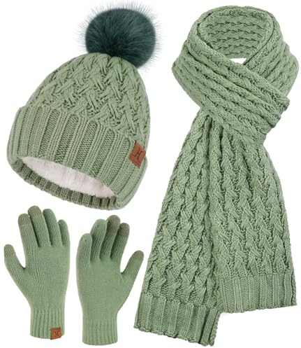 Bequemer Laden Winter Bommel Damen Mütze Beanie Schal Handschuhe Geschenke | Warm Gefütterte Wintermütze Strickmütze Bommelmütze Touchscreen Winterhandschuhe Thermo Winterschal Weihnachtsgeschenke