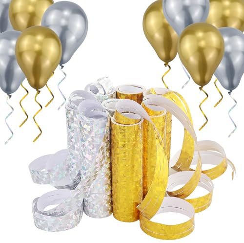 8 StüCk Luftschlangen Metallic Gold & Silber, Luftschlangen,Silvester Deko,Party Deko - 8 Rollen mit 18 Glitzernden Luftschlangen für Geburtstag Und 10 Metallic-Luftballons