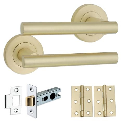 Infinity Decor Pair of Straight T-Bar Door Pull Handle on Sprung Rose with Tubular Latch and Butt Hinges in Satin Brass – Lever Latch Internal Pack - Ideal for Interior and Exterior Use