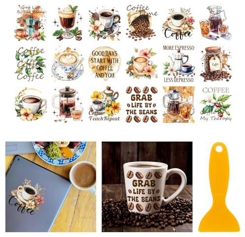 GLOBLELAND 18 Sheets Coffee Drinks Transfer Stickers 3.9x3.6inch Coffee Decals Stickers Coffee Beans Rub on Transfer for Furniture Vase Glass Mason Jar Decorations Art Crafts