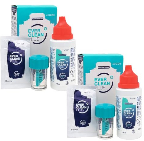 Avízor EVER clean PLUS (60ml + 8 Tablettes) - Pack 2 - Kit de Voyage - Solution de Nettoyage et Désinfection de Lentilles - Idéal pour les Voyages