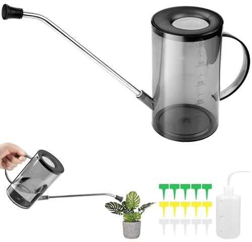 Regadera para plantas de interior, 1 L, con cuello largo, para plantas de interior, caño largo, pequeña jarra para plantas de interior con ducha, riego de plantas, jarra de riego interior (gris)