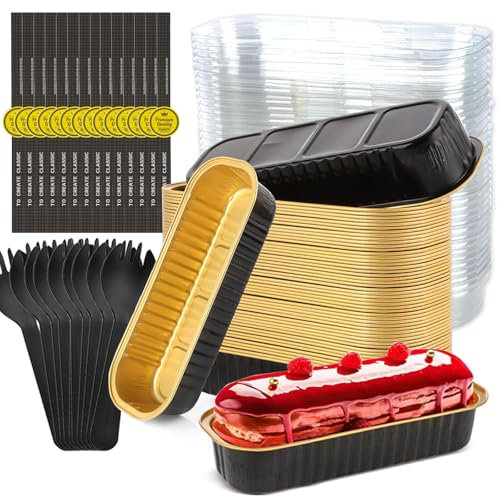 SMYJDMM Mini Loaf Cake Cases, 120Pcs/30 Set Mini Loaf Pans with Lids and Spoons, Aluminum Foil Baking Pans for Bread Brownie Cake Wedding Birthday Picnic Party (Gold)