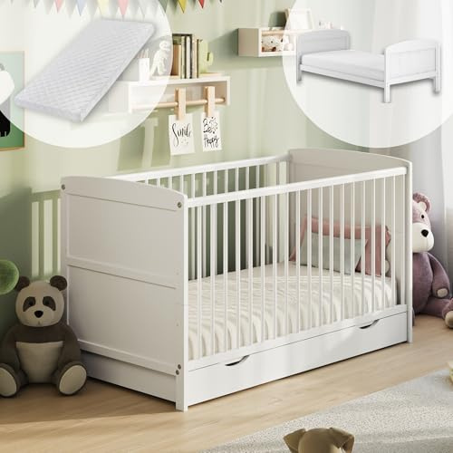 Cuna de bebé 70x140 con cajón, cuna con rejillas, cuna infantil, altura regulable y barras extraíbles con colchón | otras medidas: 60x120 cm | 70x140 cm: desde el nacimiento hasta los 6 años, color