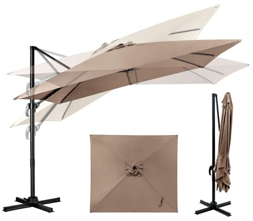 GOPLUS Parasol Déporté 3x3M, Parasol de Jardin Exterieur, avec Toile Inclinable à Double Couche, Manivelle, 8 Baleines, Rotation à 360°, Anti-UV, pour Balcon Terrasse Patio, Café