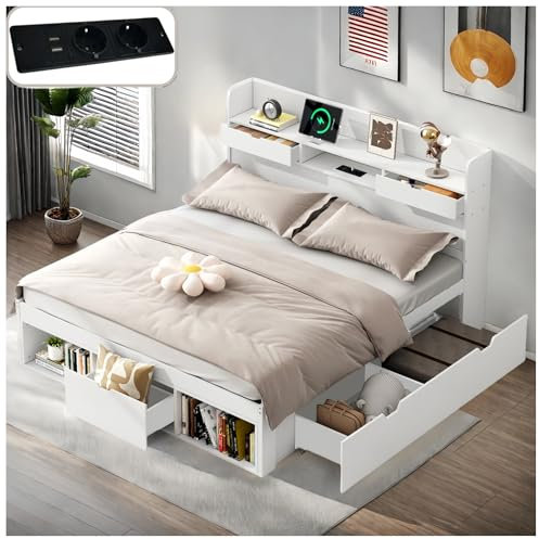 Seyakany Lit 140 x 190 avec sommier,lit 2 Personne avec Port USB,tiroirs et Armoire de Rangement,Cadre de lit 140x190,sans Matelas,Blanc (140x190)