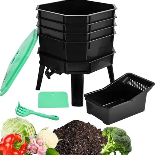 Cubo de compostaje de gusanos, diseño de 4 capas con tapa de fácil agarre, bandeja extraíble y malla de ventilación, incluye grifo base y espátula para un reciclaje eficiente de residuos de jardín