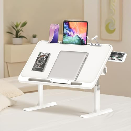 Ferghana Klappbarer Laptoptisch Höhenverstellbarer Laptoptisch mit Schublade +LED+Ventilator Tragbarer Schreibtisch fürs Bett mit ergonomischem Neigungswinkel für Sofa,Boden,Bett,Outdoor (Warmweiß)