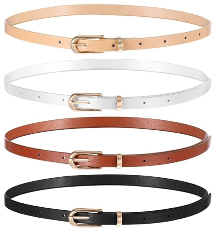 Wanmu 4 Pack Women Skinny Leather Belts for Jeans, Thin Waist Belt with Metal Buckle for Ladies, Dresses, Pants (41x 1 Inches, White, Black, Cream Color, Coffee)