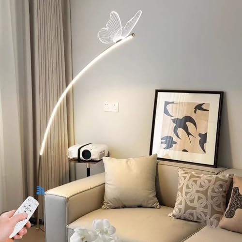 AstrizLamp LED Stehleuchte Wohnzimmer Modern Bogen Lampe Dimmbar mit Fernbedienung Schmetterling Deko Gold Iron Bogenleuchte Acryl-Lampenschirm für Schlafzimmer Leselampe Sofa Büro H 160cm