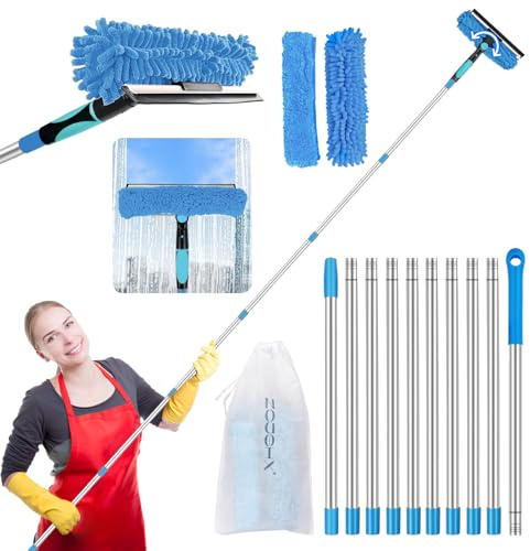 Window Squeegee Tool with Extension Pole: 4.5M Microfiber Scrubber Window Cleaning Kit for Rv Truck Bus Car Windshield - 3 to 14 Ft Spliceable Extendable Long Duster for High Outside Solar Panel