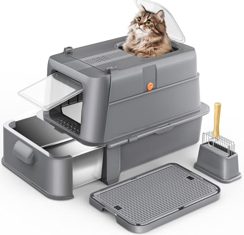 HEGGCOOE Katzenklo Edelstahl mit Deckel XL, Großes Katzenklo mit Schublade, Geschlossene Katzentoilette mit Einstieg Vorne & Oben, Schaufel, Filterpedal, Reinigen und Geruchskontrolle-Dunkelgrau