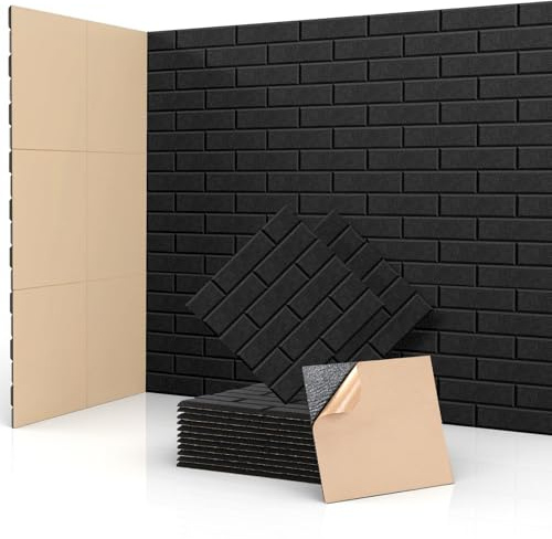 Putentfun Sound Proofing Panels Self-Adhesive, 36 Pack Acoustic Wall Panels, High Density Bricks Acoustic Panels for Door, Ceiling, Recording Studios, Home Office 30 x 30 x 0.9cm Black