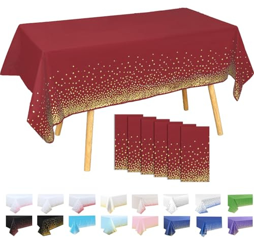 Lot de 6 Nappes Plastiques à Pois Fond Bordeaux avec Pois Dorés 137x274 cm – Nappe Rectangulaire Réutilisable pour Fête Anniversaire, Décoration Table Événement Sportif, Imperméable Anti-taches