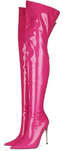 Bottes Hautes au-Dessus du Genou pour Femmes, Bottes Longues à Talons Aiguilles en Cuir Verni Tendance, Bottes Cuissardes Sexy à Bout Pointu et Fermeture éclair pour fête
