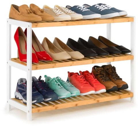 Neo 3-Tier Bamboo Shoe Rack Stand Wooden Shoe Storage Shelf for Hallway Bedroom Bathroom 70x26x55cm (White/Natural)