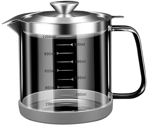 Colador de aceite Olla 1000ml/35oz Vidrio de escala transparente Contenedor de aceite usado Cocina con filtro y escala y mango Base de silicona Colador de grasa para el hogar restaurante
