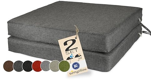 sunnypillow 2er Set Stuhlkissen 45 x 45 cm wasserdicht UV-lichtecht 7cm dick - Outdoor Polsterauflage mit Bändern - Auflage für Stühle,Bänke - Sitzkissen Stuhlauflage für Haus und Garten - Anthrazit