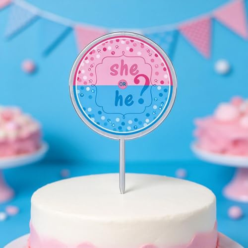 Double Sided Gender Reveal Cake Toppers - Glitter Baby Shower Cake Decorations with Acrylic - Blue & Pink Party Supplies for Boy or Girl Announcement.