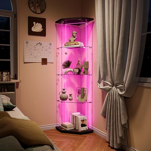 Hauptrolle Eck Glasvitrine mit Touch-LED, 5-eckiger Schaukasten aus Sicherheitsglas mit Schwarzer Bodenplatte, Moderne Eck-Vitrine zur Präsentation für Wohnzimmer und Büro