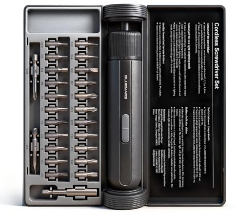 BlueMars 4V Cordless Electric Screwdriver Set, 8N.m High Torque with 4 Gear Settings, 2200mAh Battery, 1/4 Hex Chuck & Shaft Lock, 25-Piece S2 Steel Bits, Type-C Cable, for Furniture, Home Repair