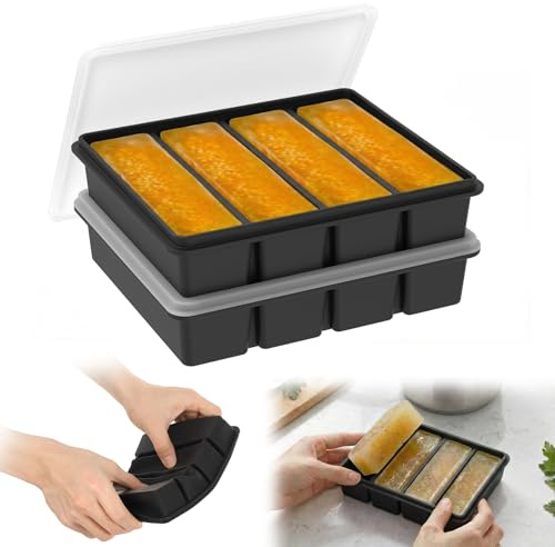 2-pack silikonfrysbrickor med lock, 4 fack, soppfrysbehållare, form, isbitsform för tillredning av måltider och för att frysa soppa, gryta, sås, vitlök, örter