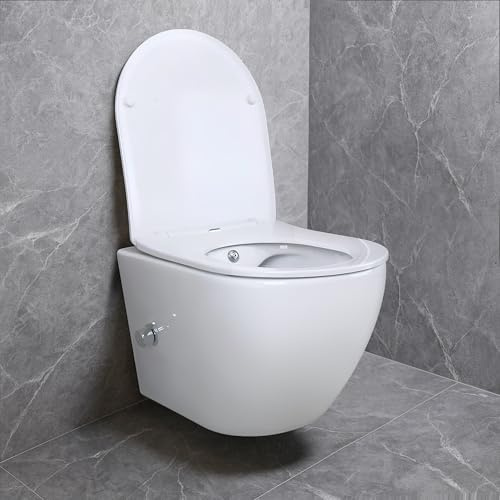 Belvit spülrandloses Hänge WC mit Taharet, Weiß | Softclose Deckel, Kalt und Warmwasserarmatur, Tiefspüler aus Sanitärkeramik, Hygienedusche für gründliche Reinigung