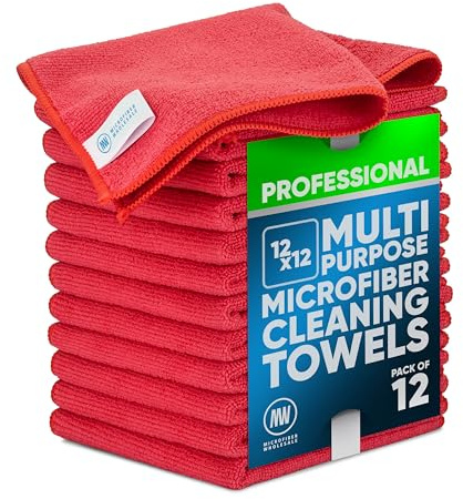 MW PRO Microfiber Cleaning Cloths Red (12 Pack, 12x12) - Commercial Janitorial Towels & Lint Free Rags - Heavy Duty for Auto Detailing, Glass Windows, Housekeeping & Screens - Washable 300+ Times
