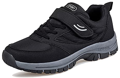 LEADER SHOW Men's Comfortable Walking Shoes Non-Slip Safety Casual Sneakers for Elderly Strap Closure (7.5, Black)