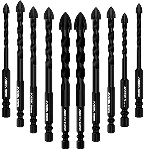 JOERIC Masonry Drill Bit Set, 10 Pieces Concrete Drill Bits Set Ceramic Drill Bit Carbide for Ceramic Tile, Plastic, Wall, Brick, Cement, Concrete, Wood with Size 5mm to12mm