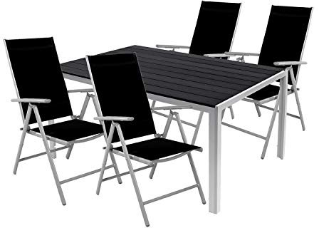 Mojawo 5er Set Alu Silber/Schwarz Gartenmöbel Gartengarnitur 150x90x74cm + 4 Klappstühle Textilen