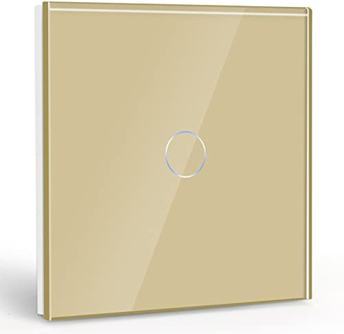 BSEED Interrupteur Tactile 1 Gang 1 Voie,Commutateur de Lumière avec LED Affichage Light,Or Interrupteur Tactile avec Capteur Tactile Panneau Verre Cristal-Pas de fil Neutre