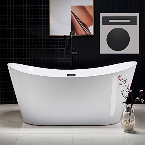 WOODBRIDGE 67 Acrylic Freestanding Bathtub Contemporary Soaking White Tub with Matte Black Overflow and Drain,B0010-MB-Drain &O