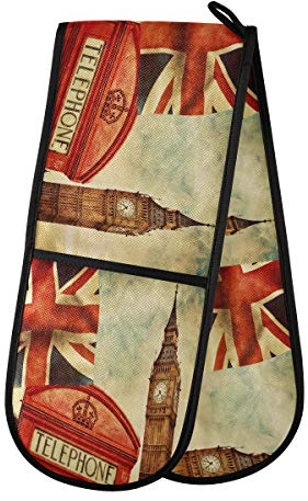 RXYY Doppelt Ofenhandschuh London Big Ben Union Jack Hitze Beständig Gesteppt Baumwolle Küche Topflappen Lange Ofenhandschuhe für Kochen Backen Grillen