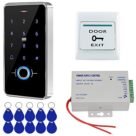 FST Outdoor IP68 Waterproof Access Control System Biometrics Fingerprint RFID Keypad + K80 3A Power Supply + Door Exit Button + 10pcs RFID Keyfobs tags, Without Electric Lock