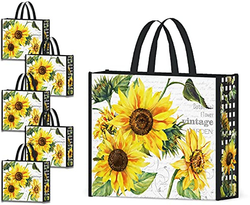 NymphFable 5 Pack Reusable Shopping Bags Sun Flowers Washable Grocery Bags Fabric Tote Bag