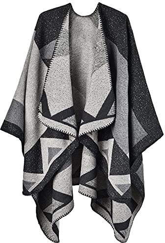 OOPOR Vintersjal wraps poncho cape - dam varm öppen framsida tryckt vändbar överdimensionerad filt cardigan trendig elegant stickad höst ull snurrande pläd tröja fleece scarf kappa, Färg 8, en storlek
