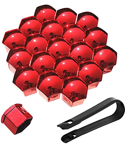 20 StüCke Rad Mutter Cap Universal Reifen Mutter Covers, Kunststoff Nut Abdeckkappe Schraube Auto Mutter Covers Bolt Radkappen, Sechskant-Reifenmuttern Abdeckungen Mit Entfernung Werkzeug (rot-21mm)