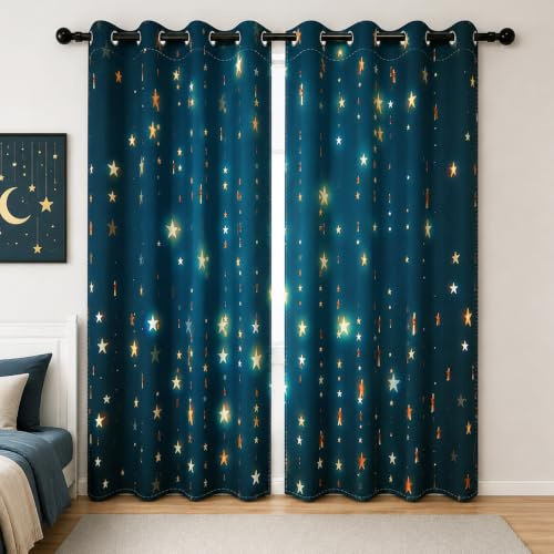 YONGFOTO Weltraum Verdunkelungsvorhänge Kinderzimmer Jungen Sterne Blau | Goldene Funkelnde Sterne Blickdicht Thermogardinen für Schlafzimmer mit Ösen 2 Paneele 117 x 138 cm