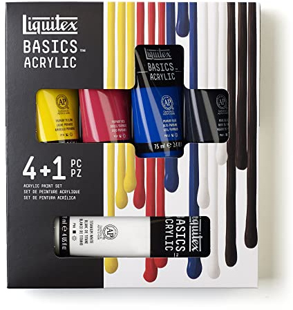 Liquitex 3699406 Basics - Pittura acrilica, Pigmenti per artisti monopigmentati, Resistente alla luce, durevole nel tempo, Finitura satinata, Set di colori 4 Tubi da 75 ml + 1 Tubo da 118 ml