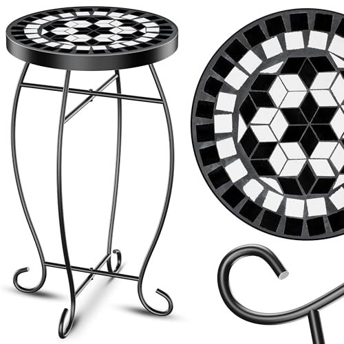 KESSER® Mosaiktisch Bistrotische Blumenhocker Rund 60 x 34 cm Metall Mosaik Beistelltisch Balkontisch Gartentische Terrassentisch Balkon Steinmosaik Garten Gartentisch Indoor Outdoor, Tetragon