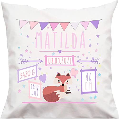 Kleckerliese Kinder Kissen Fuchs mit Datum Uhrzeit Gewicht Wimpelkette Kissenbezug Weiss Kissenhülle 40x40 cm
