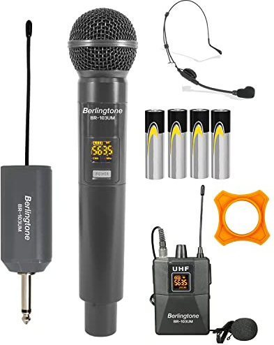 Berlingtone Sistema di microfono wireless UHF doppio, con microfono per cuffie, 60 canali di frequenza regolabili, con ricevitore ricaricabile, karaoke, matrimoni, DJ, feste, chiesa, portata fino a 60
