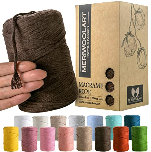 MeriWoolArt® Premium Makramee Garn Braun - Makramee Baumwollgarn 3mm x 200m - Super weiches Garn, einfach gedrehte Makramee Schnur - 100% Baumwolle für DIY Boho Deko Handwerk