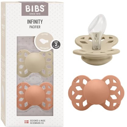 BIBS Infinity Schnuller, 6-18 Monate, 2er-Pack, Vanilla/Peach | Anatomischer Sauger | Silikon | Größe 2 | BPA-frei | Hergestellt in Dänemark | Hohe Akzeptanz | Luftlöcher | Komfortschild