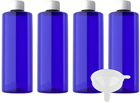 ZEOABSY 4 Pieces Empty 500ml Blue Plastic PET Bottles with Orifice Reducers and White Screw Cap, Flat Shoulder Travel Cosmetic Bottle Containers for Water-Based Liquids Toner (CANNOT SQUEEZE)