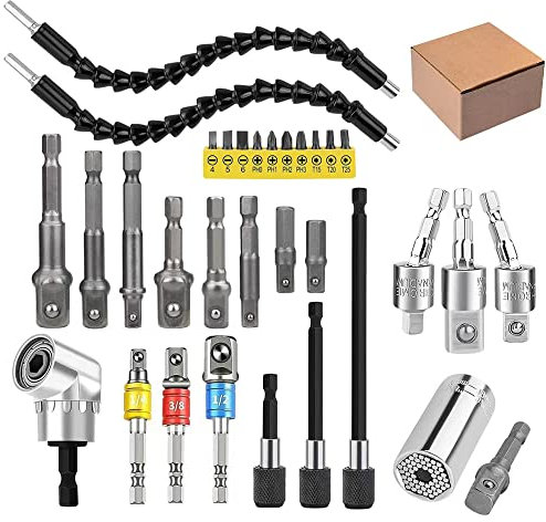 32 Stück Flexible BohrerVerlängerungsSet, Drehbarer GelenkStecknuss 14 38 12 Zoll InnensechskantAdapter, 105° rechtwinkliger Bohraufsatz, biegbarer BohrerVerlängerungsSchraubendreherSet mit